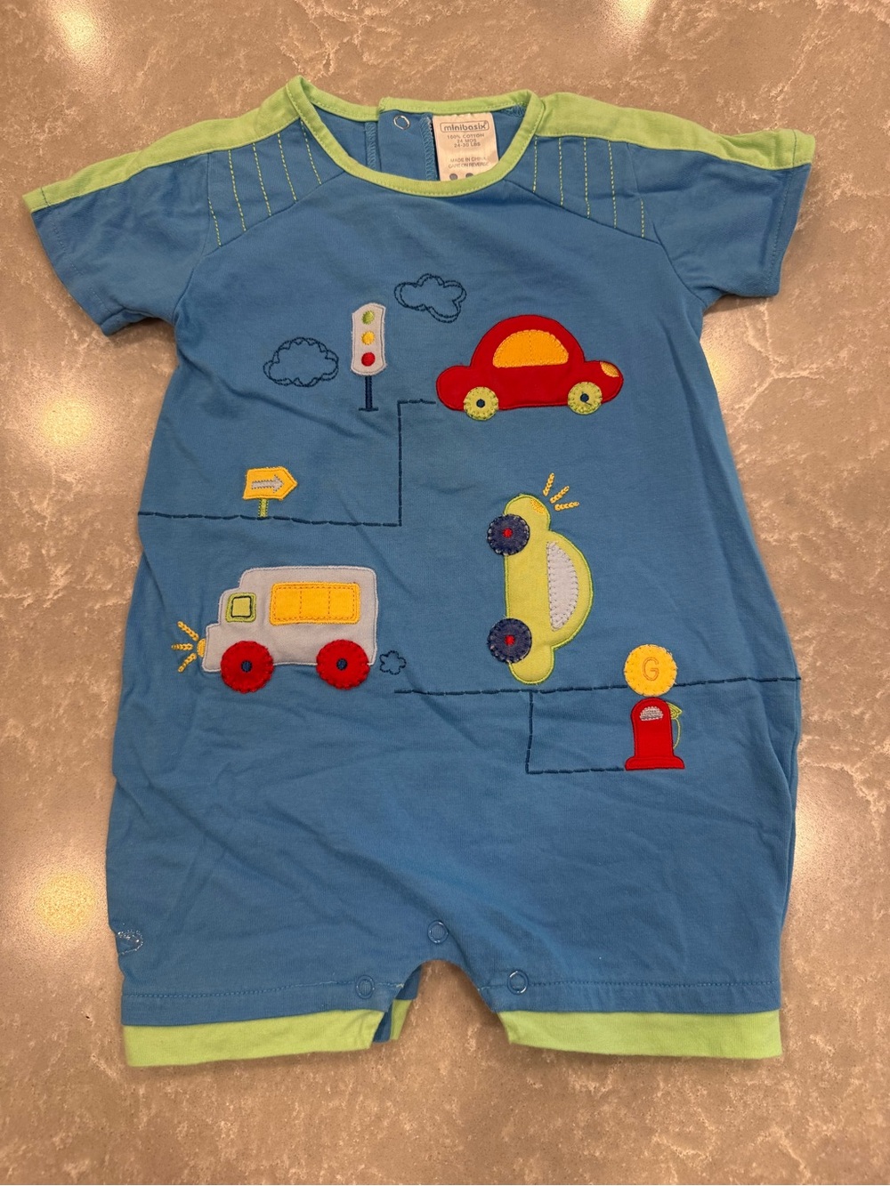 Minibasix Baby Boys 24M Blue Car Truck Applique Romper One Piece Cotton